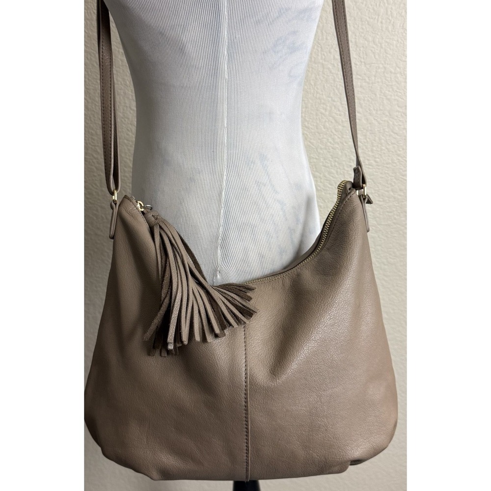 Margot Hobo Crossbody Bag Taupe Brown Soft Leather Tasel Zipper Chic Handbag